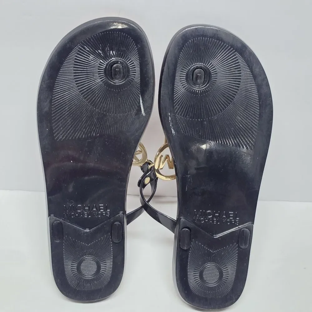 Michael Kors Women's 7 Black Jelly Thong T strap Sandals Gold Logo Cork Insoles